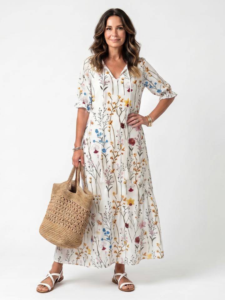 Sylvie | Robe midi à imprimé botanique et liens à pompons