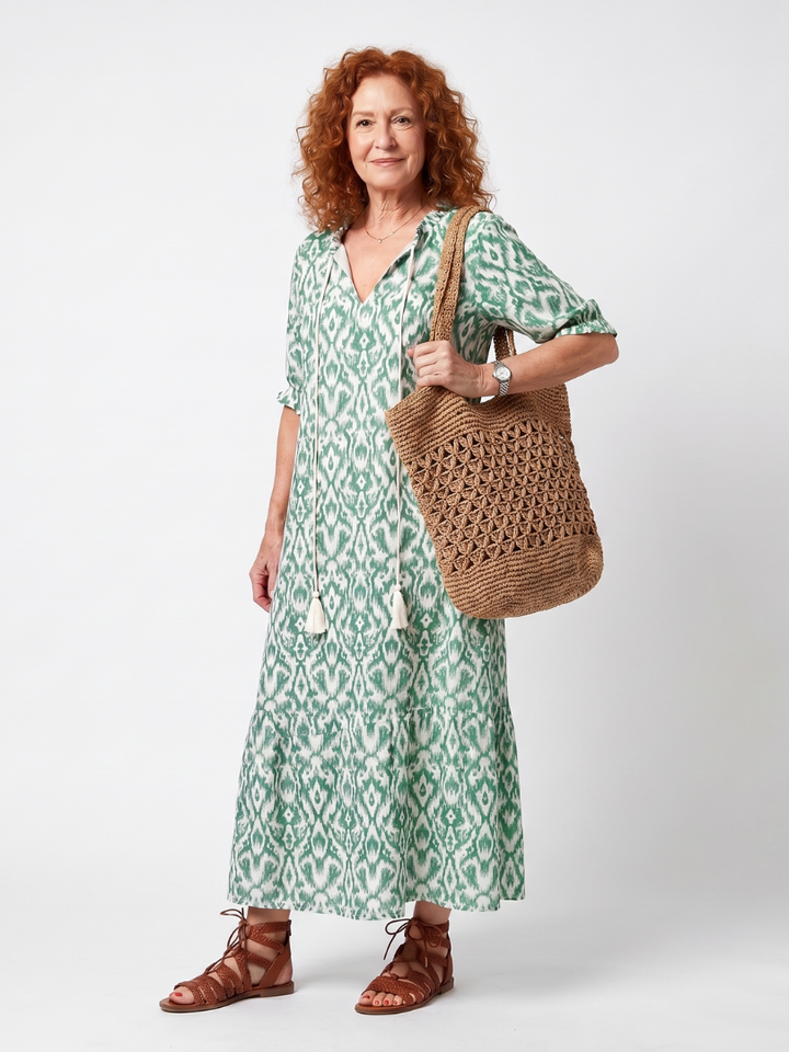 Ilara | Robe midi à col V, motif et pompons