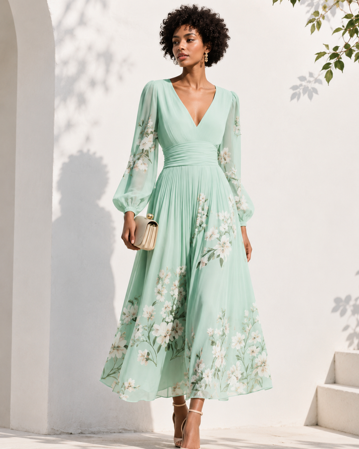 Robe longue élégante pour femme, avec un décolleté en V profond et des manches longues