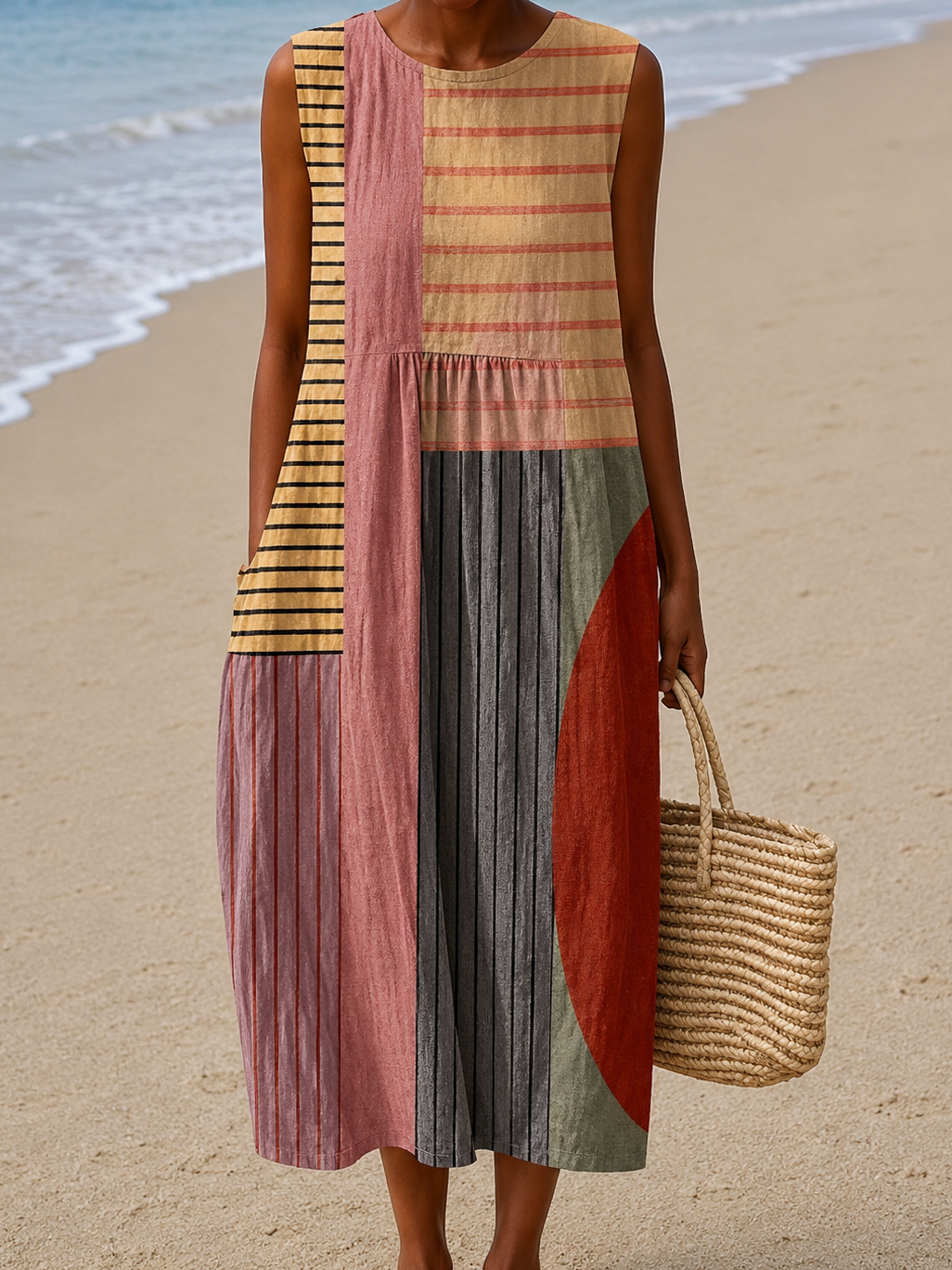 Jasmine - Robe midi de plage ample imprimée sans manches pour femme