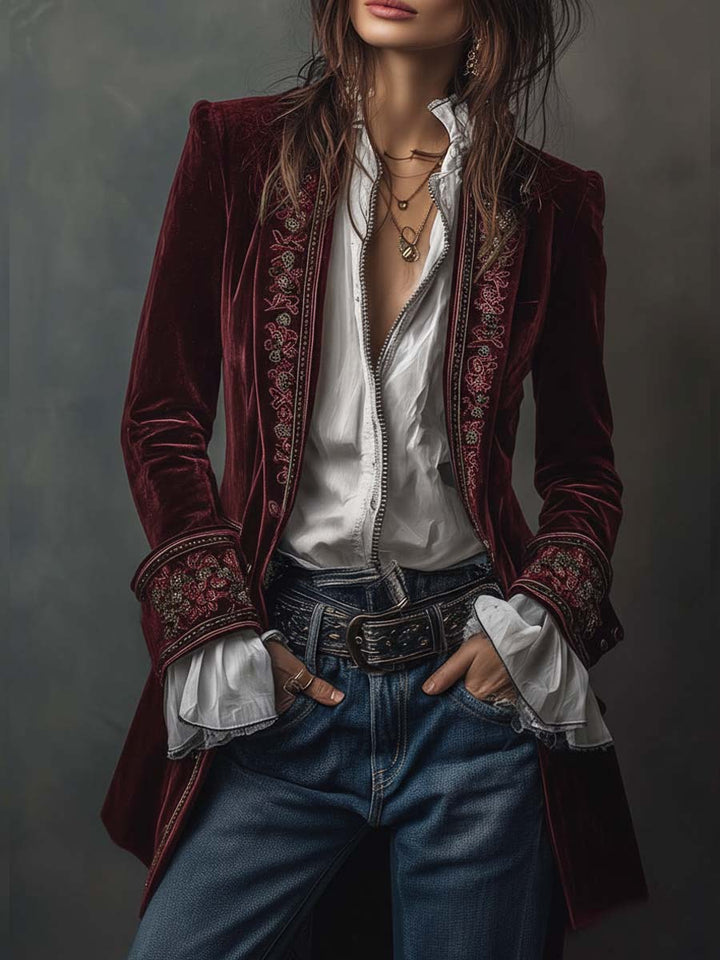 Athénaïs | Veste Longue Brodée Vintage Bleu Marine