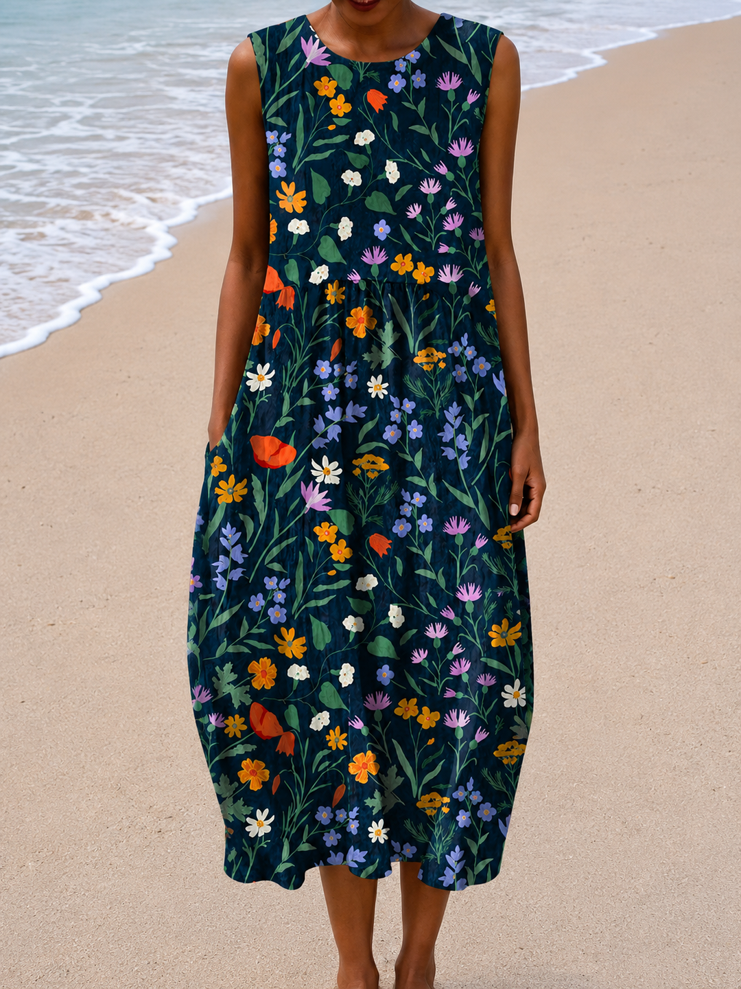 Zoe - Robe midi sans manches à coupe décontractée pour femme