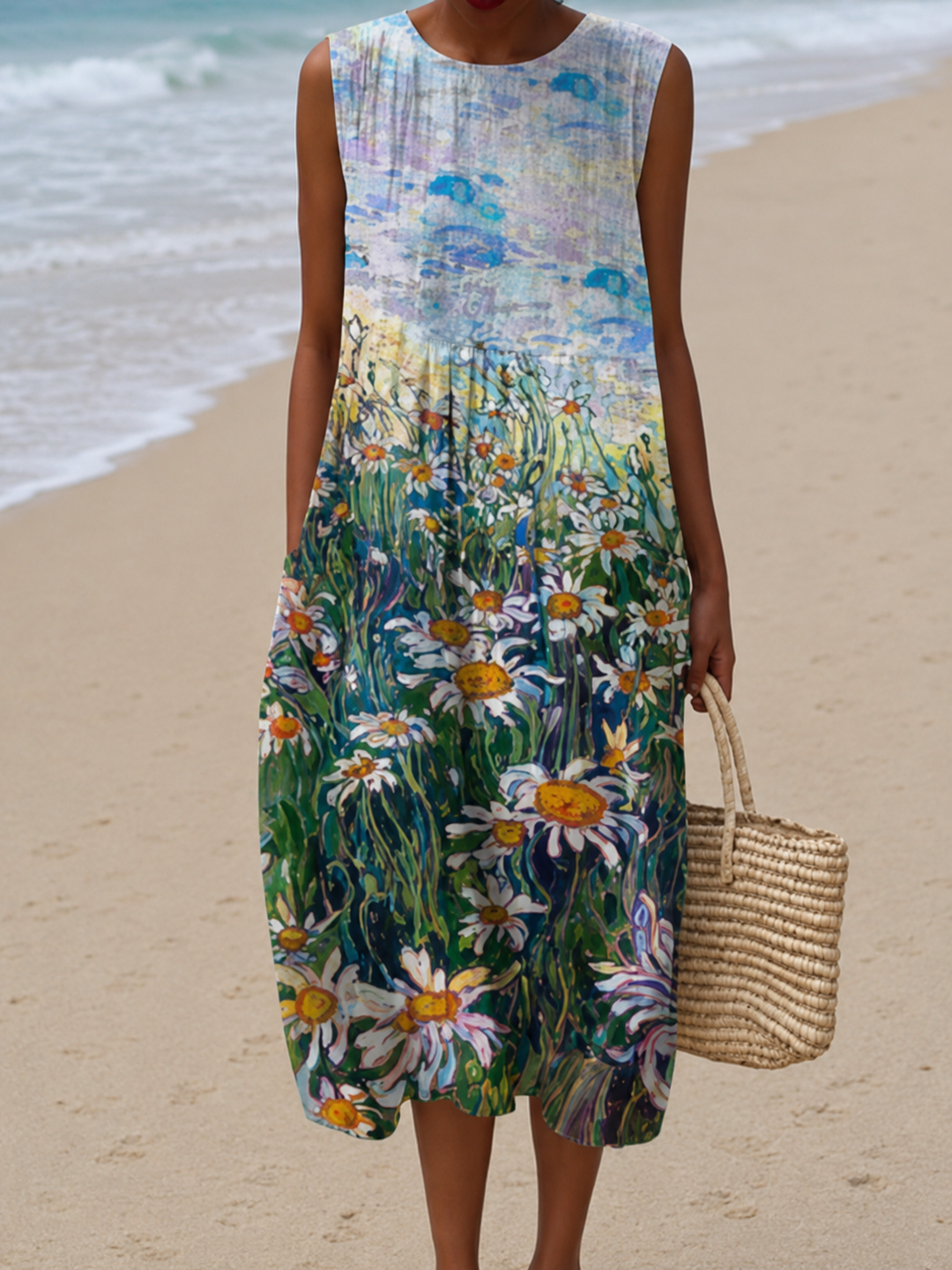 Kennedy - Robe midi de plage ample imprimée sans manches pour femme