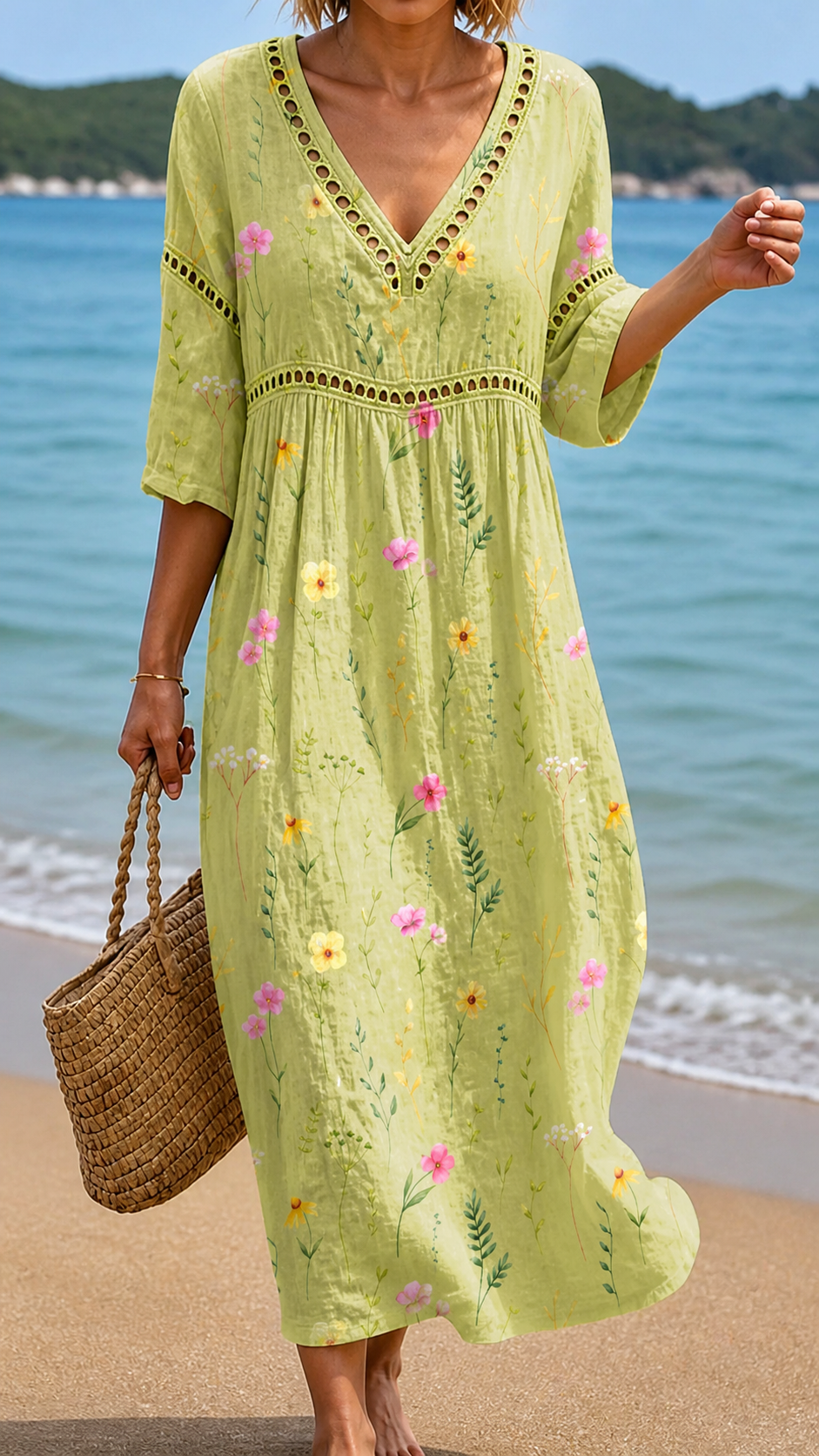 Robe midi vert clair à fleurs délicates