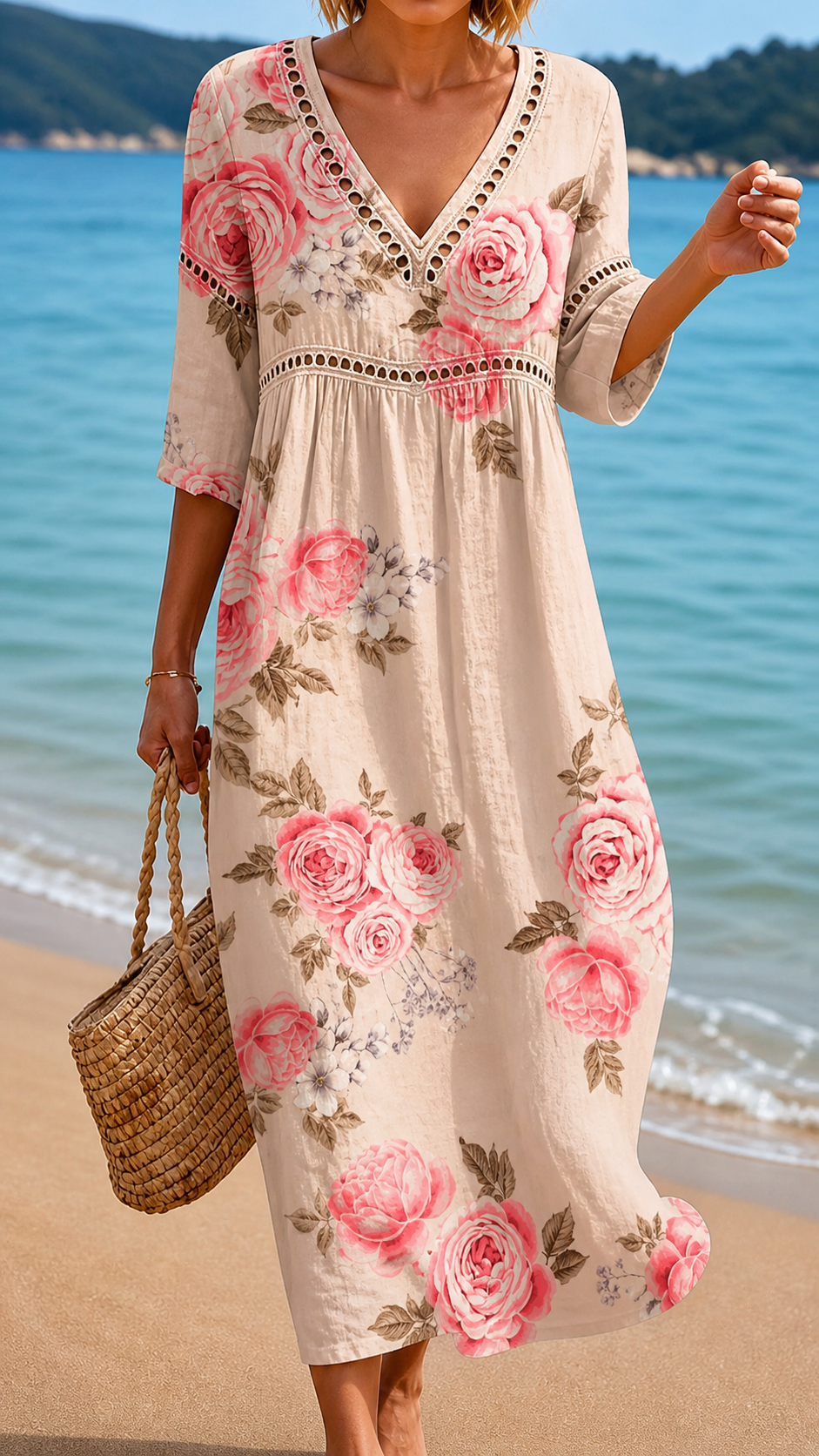Robe midi fluide aux roses élégantes