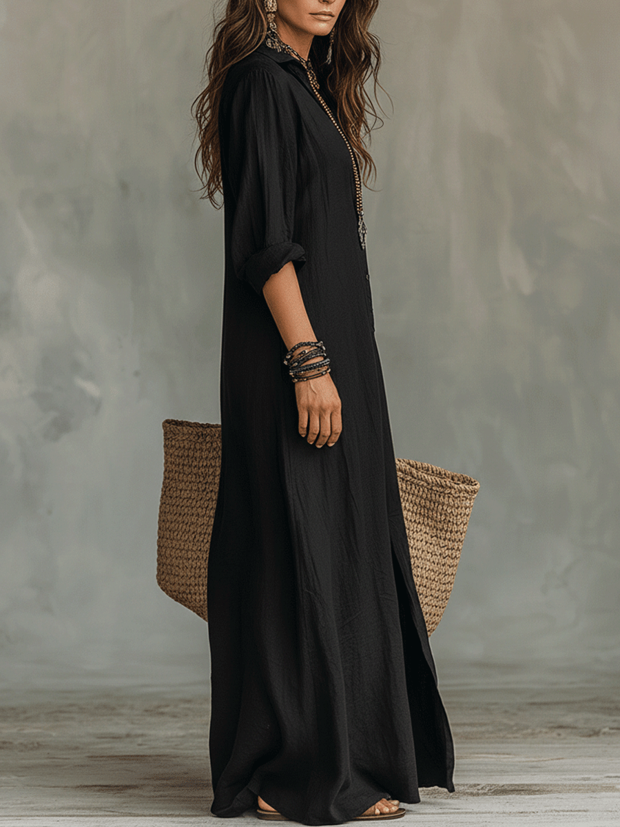 Robe-chemise longue bohème noire à boutons sur le devant