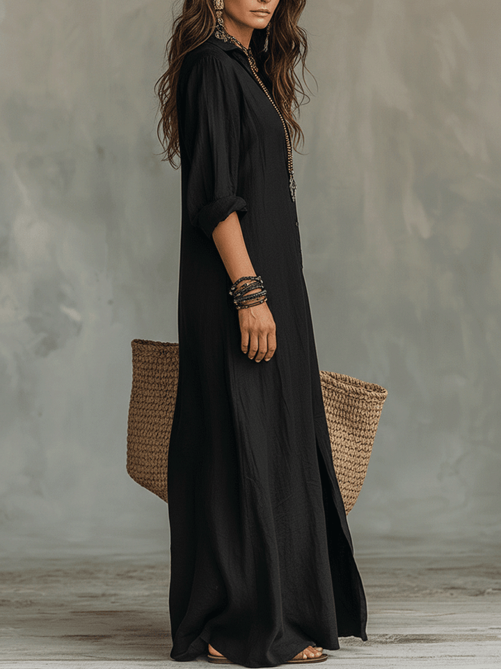 Robe-chemise longue bohème noire à boutons sur le devant