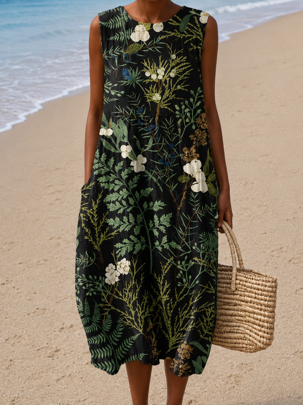 Naomi - Robe midi de plage sans manches imprimée et ample pour femme