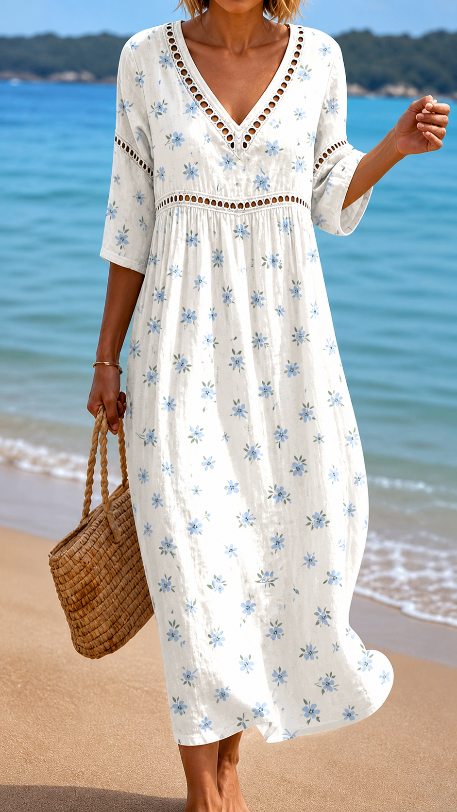 Robe midi d'été fluide à petites fleurs bleues