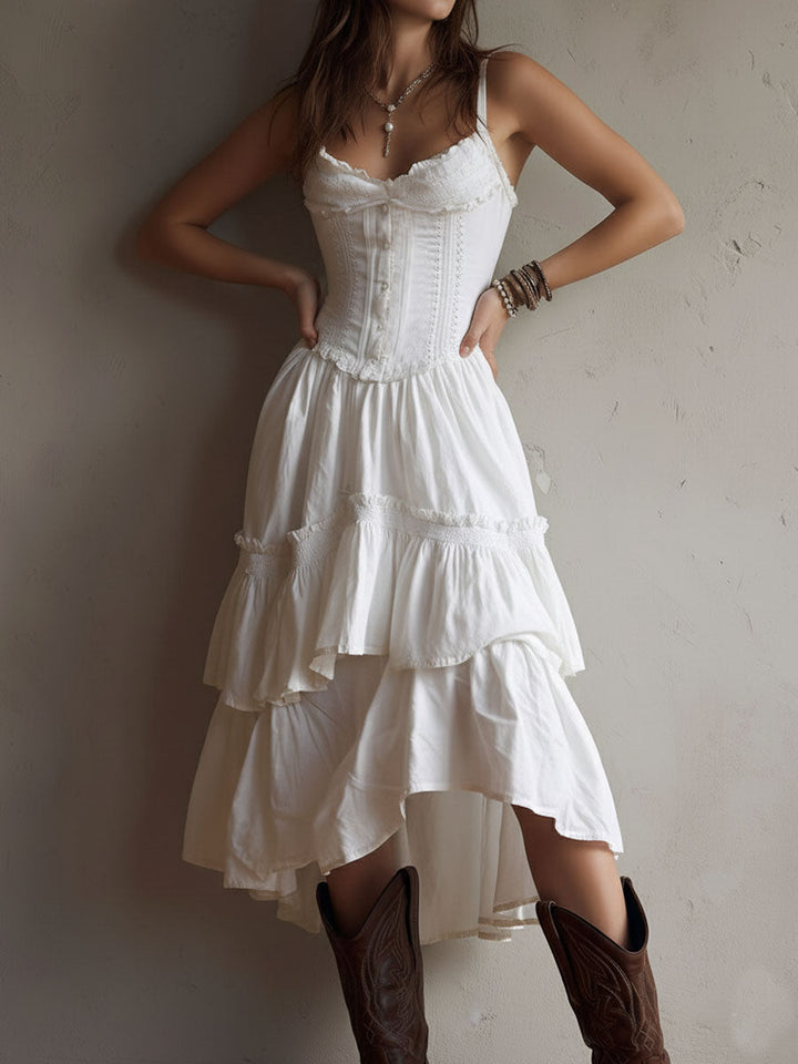 Robe midi corset bohème rétro bordée de dentelle avec jupe à volants étagés