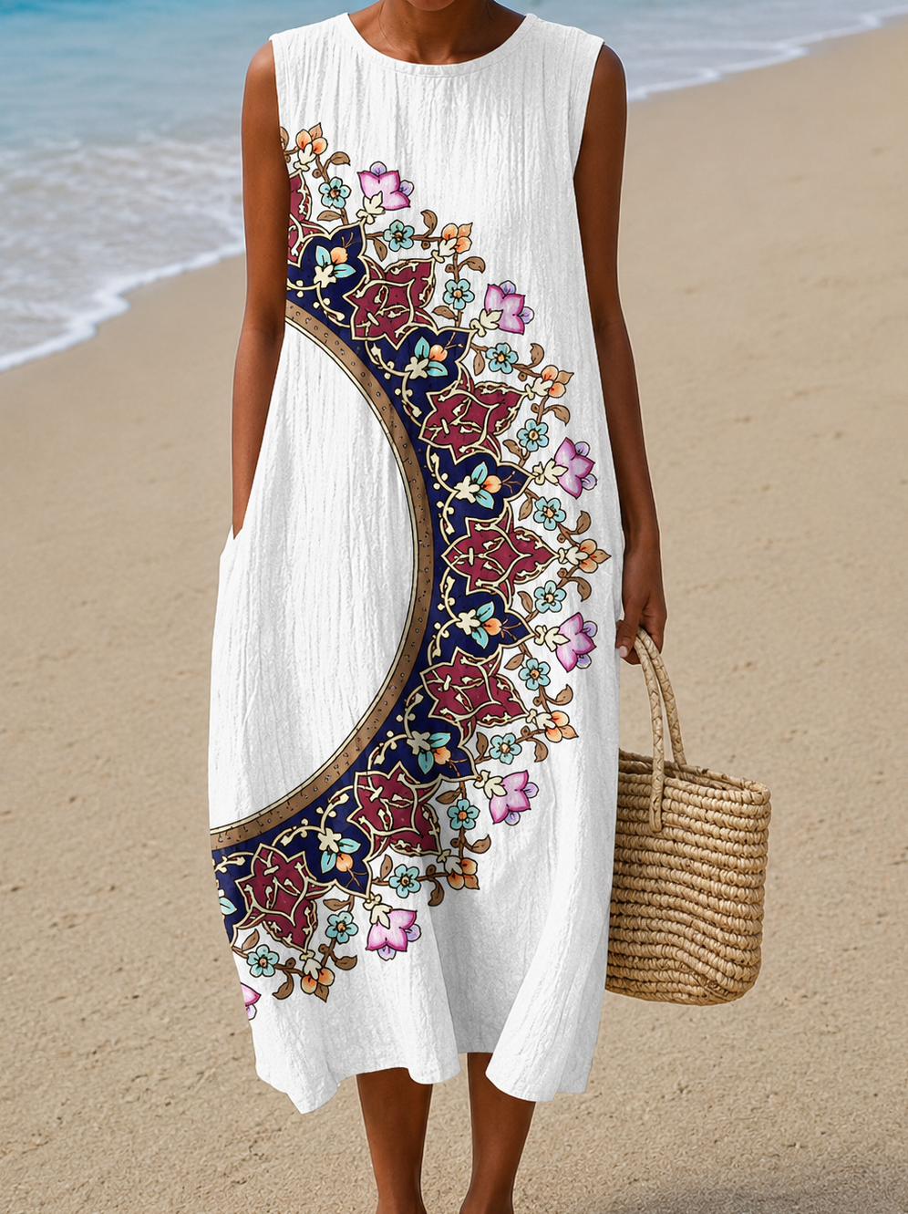 Paige - Robe midi de plage ample imprimée sans manches pour femme