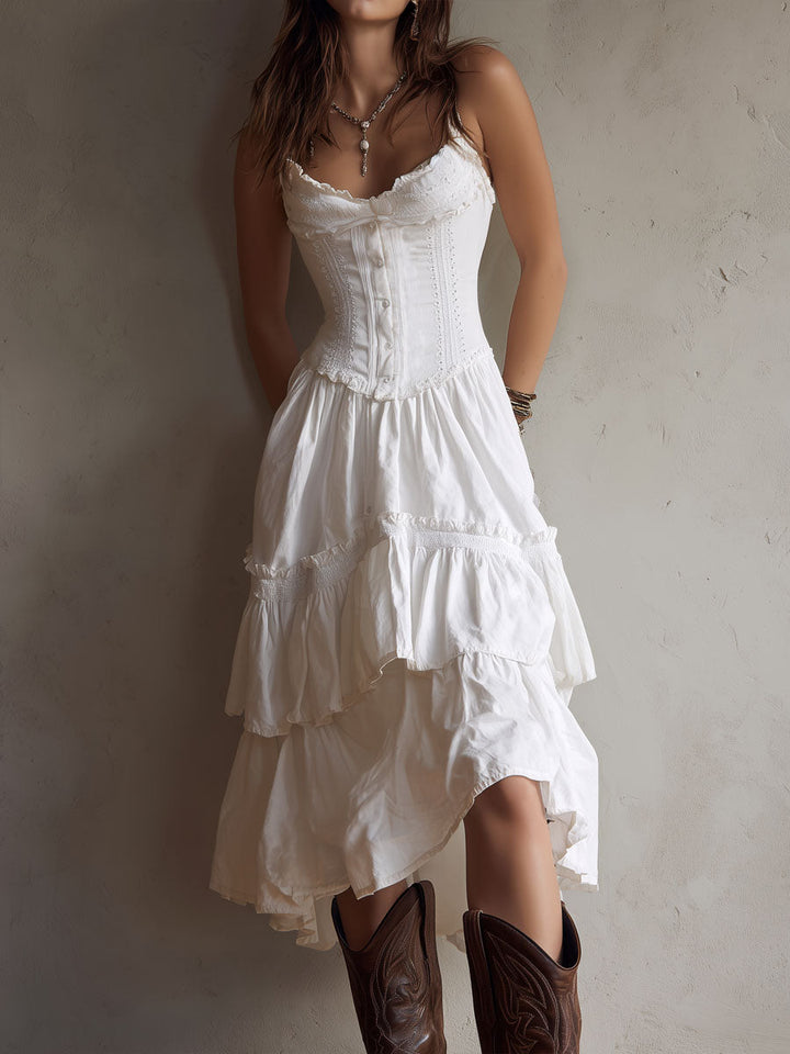 Robe midi corset bohème rétro bordée de dentelle avec jupe à volants étagés