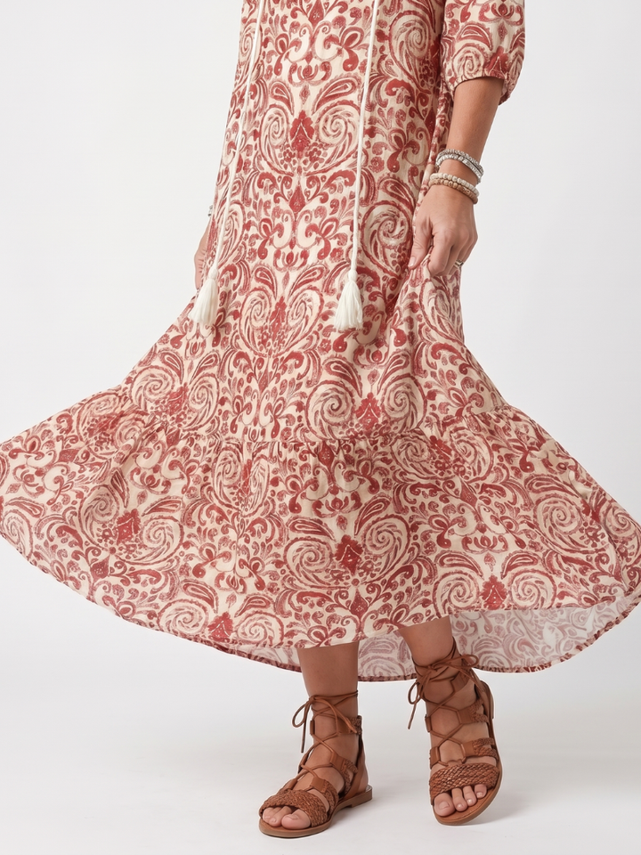Noelle | Robe midi à imprimé orné et liens à pompons