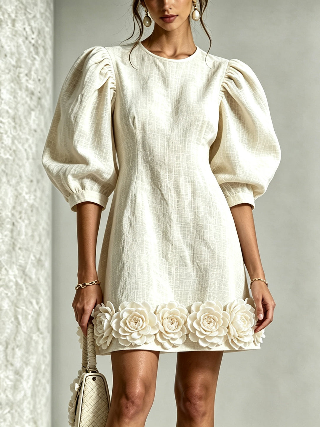 Blanche | Robe Mini à Manches Bouffantes et Ourlet Fleuri