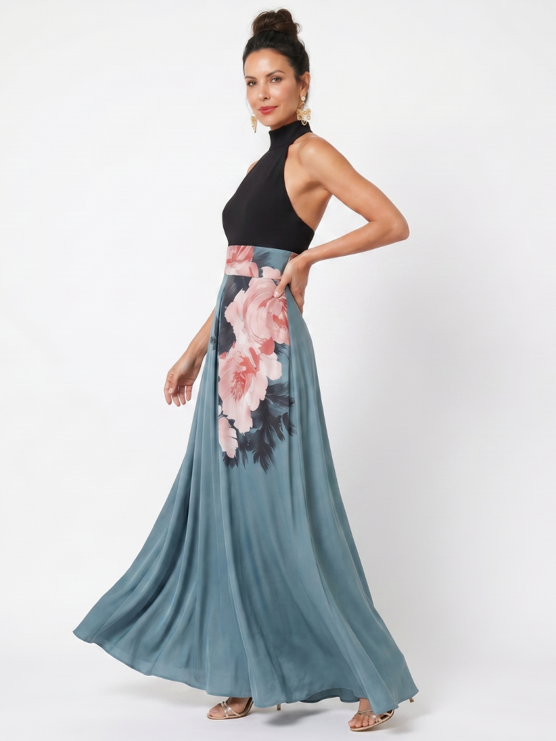 Olympas™ Robe longue à bustier dos-nu et jupe fleurie
