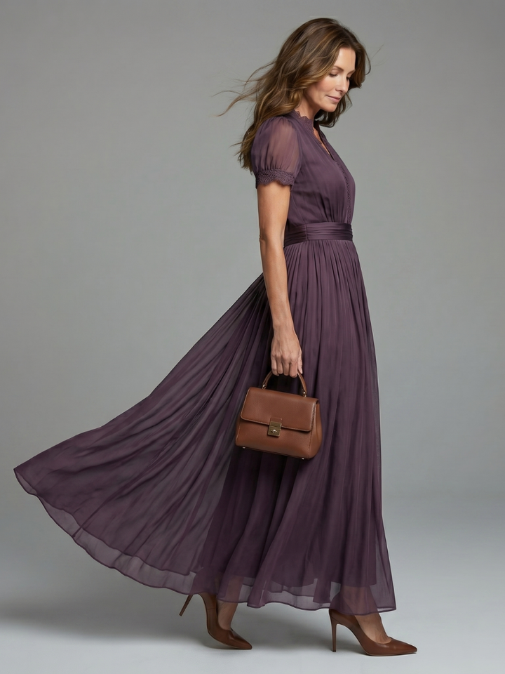 Elia | Maxi Robe Taille Froncée Découpe Goutte d’Eau