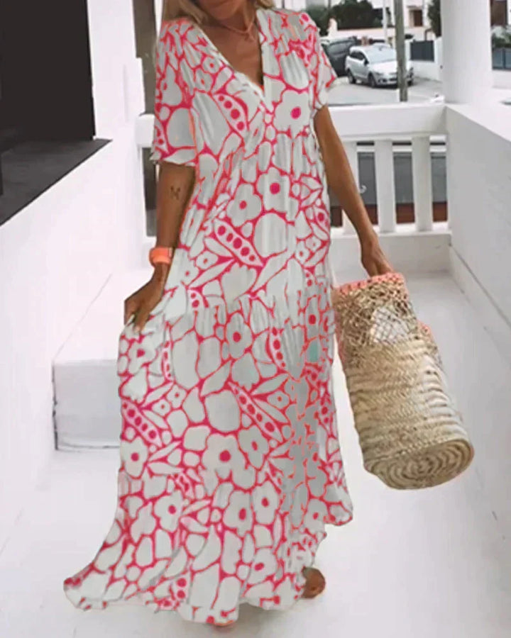 CHRISTINE | Élégante robe d’été longue à la silhouette fluide et au motif graphique tendance
