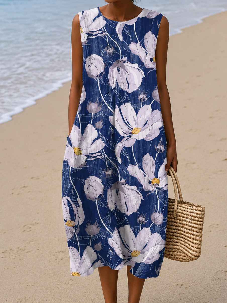 Alice - Robe midi de plage ample imprimée sans manches pour femme