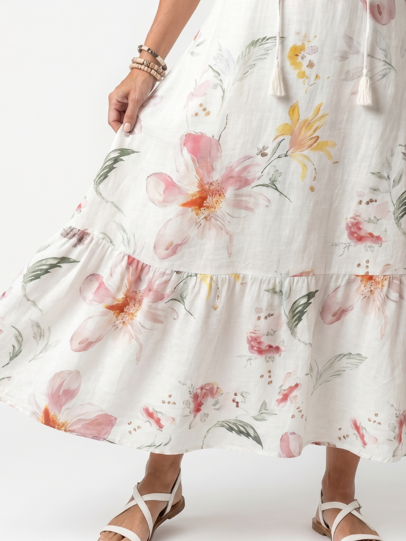 Noa | Robe midi florale douce étagée à pompons