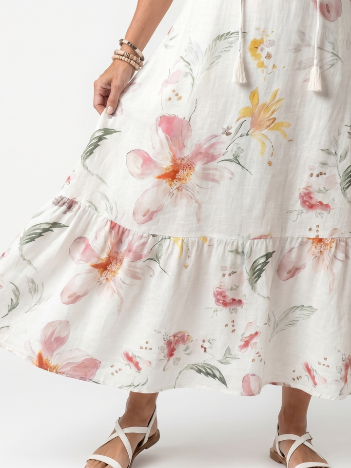 Noa | Robe midi florale douce étagée à pompons
