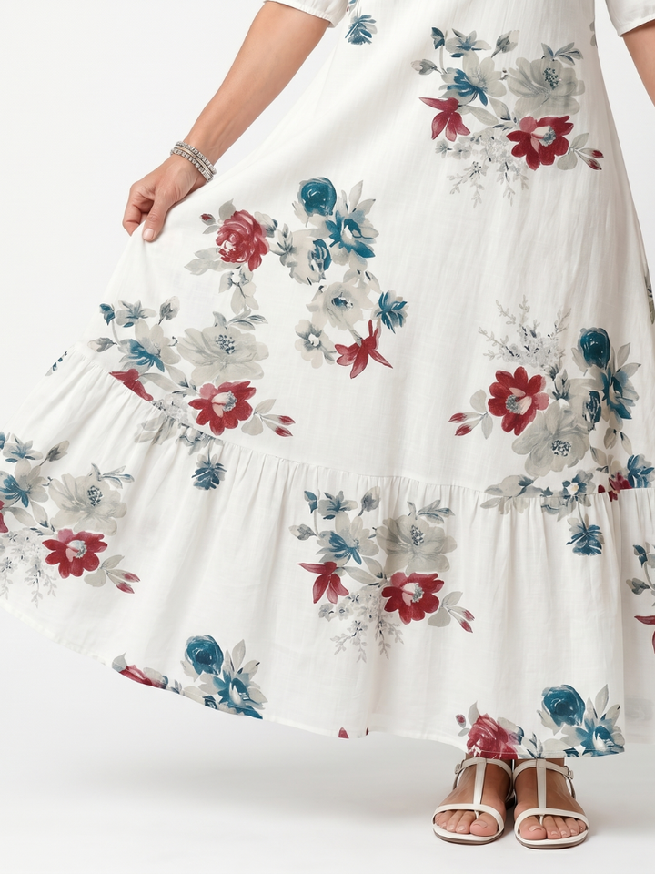 Maeva | Robe midi à fleurs éparses et liens à pompons