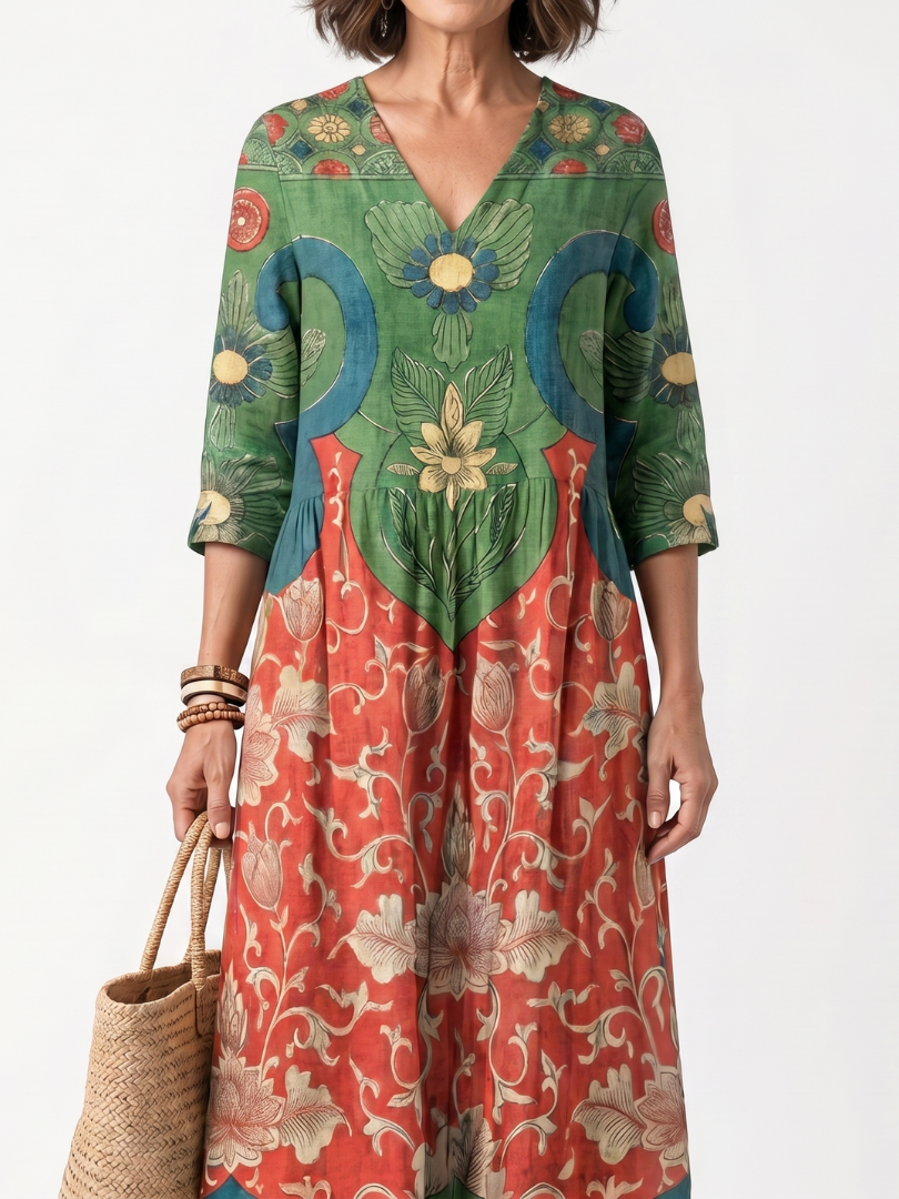 Sloane | Robe midi à col V, imprimé mixte et poches