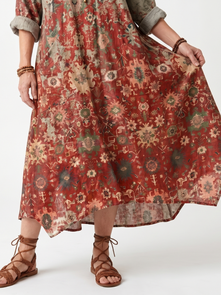 Saffron | Robe midi décontractée à poches et motifs mixtes