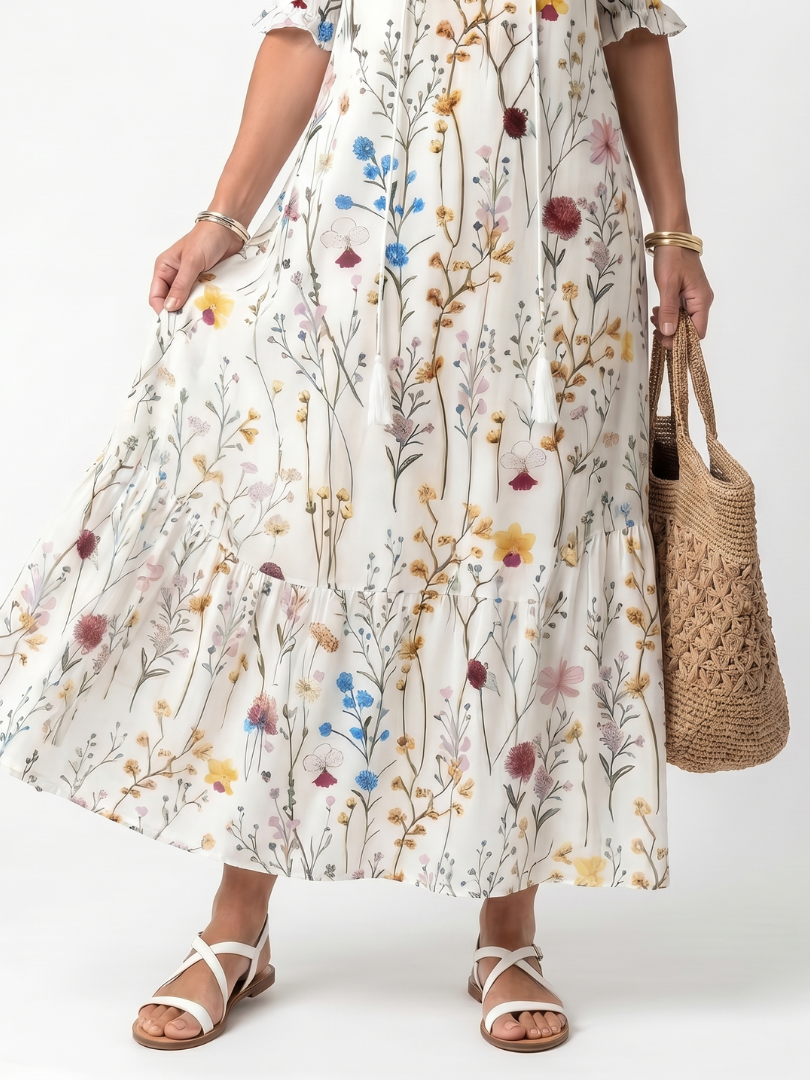 Sylvie | Robe midi à imprimé botanique et liens à pompons