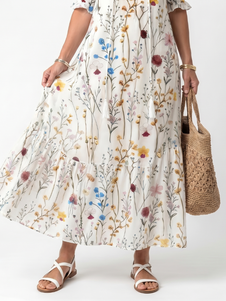 Sylvie | Robe midi à imprimé botanique et liens à pompons