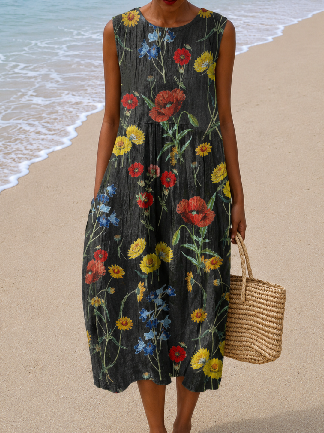 Hazel - Robe midi coupe décontractée sans manches pour femme
