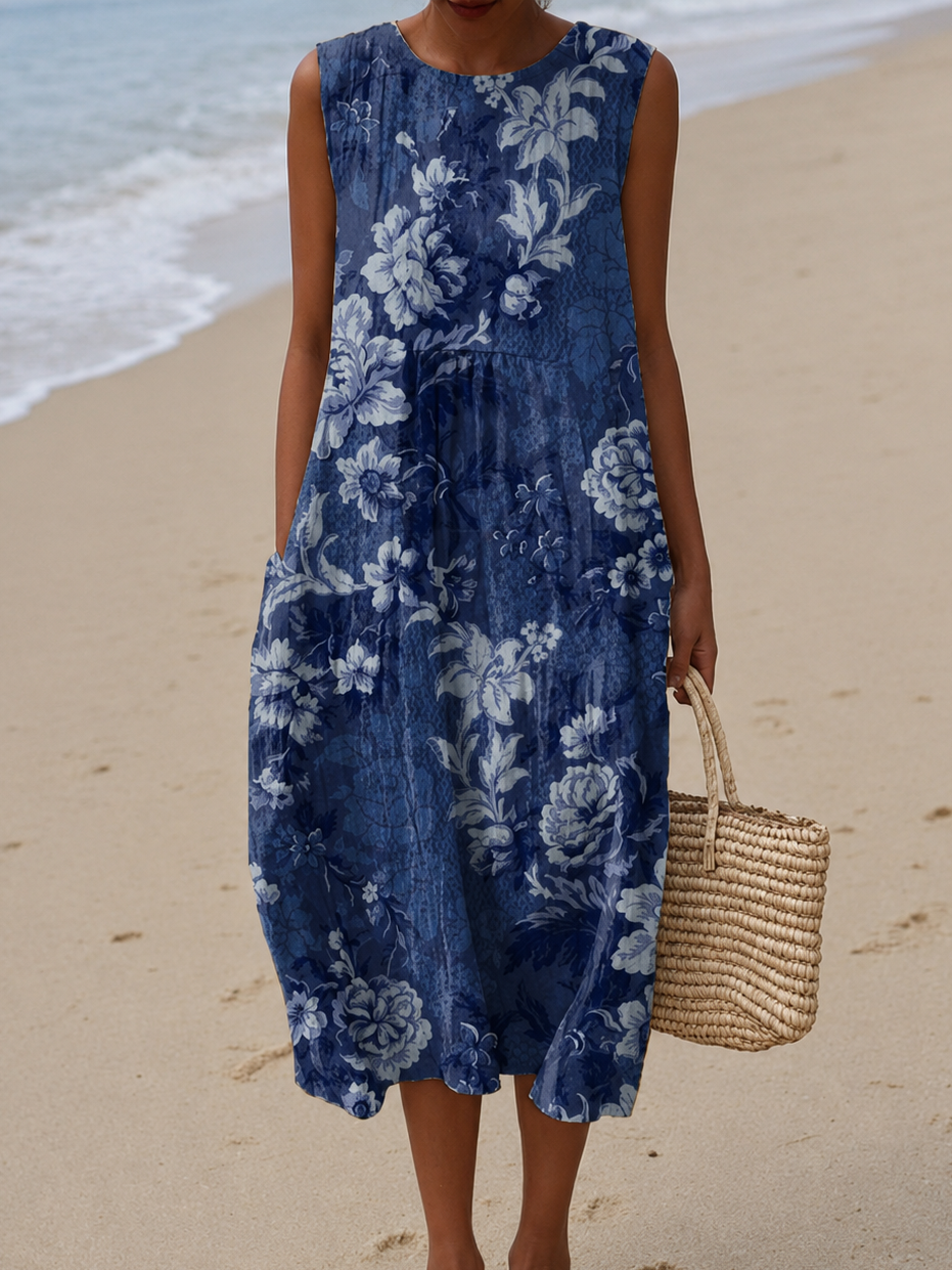 Sadie - Robe midi de plage sans manches imprimée et ample pour femme