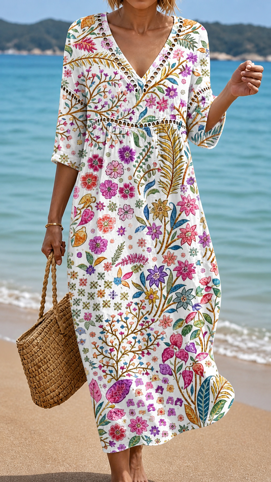 Robe midi fluide à élégant imprimé floral multicolore