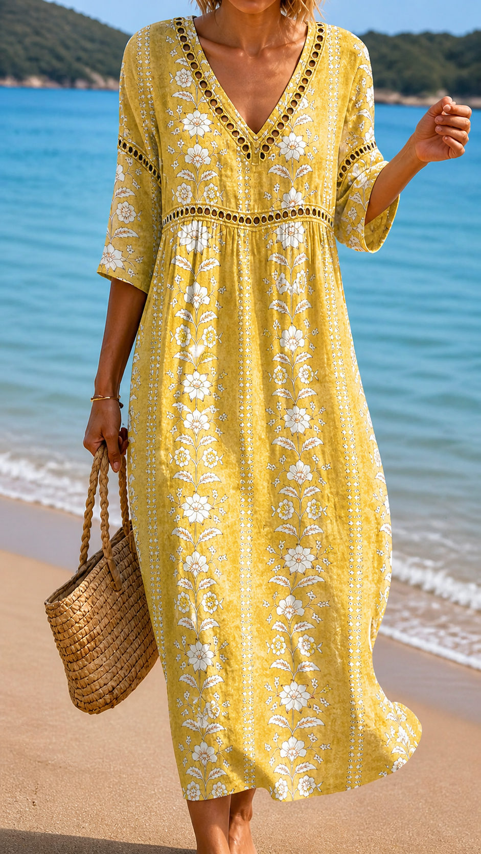 Robe midi fluide à imprimé floral jaune