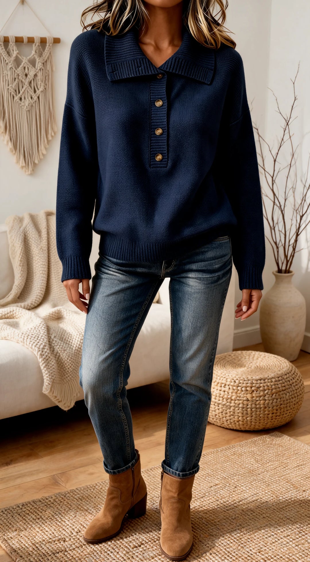 Pull en maille Olivia à col boutonné - Bleu marine