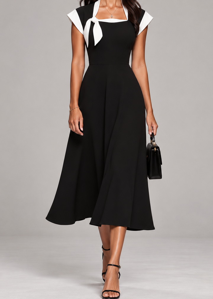 Ariane | Robe Midi Femme à Décolleté Carré et Manches Colorblock
