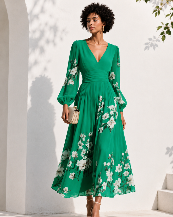 Robe longue élégante pour femme, avec un décolleté en V profond et des manches longues