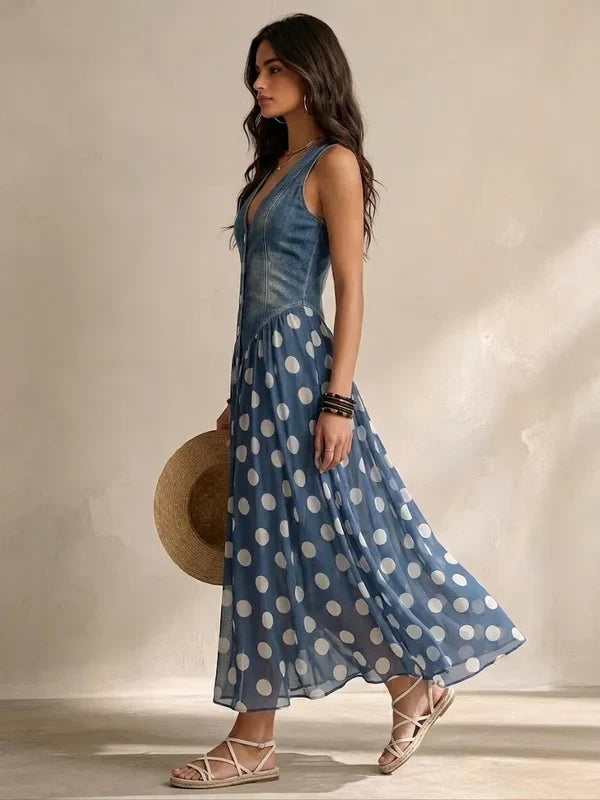 Solène | Robe en denim avec jupe en mousseline à pois