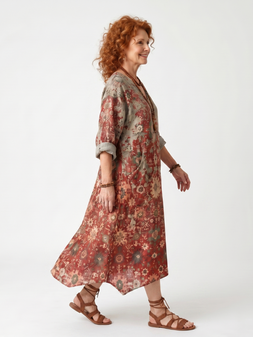 Saffron | Robe midi décontractée à poches et motifs mixtes
