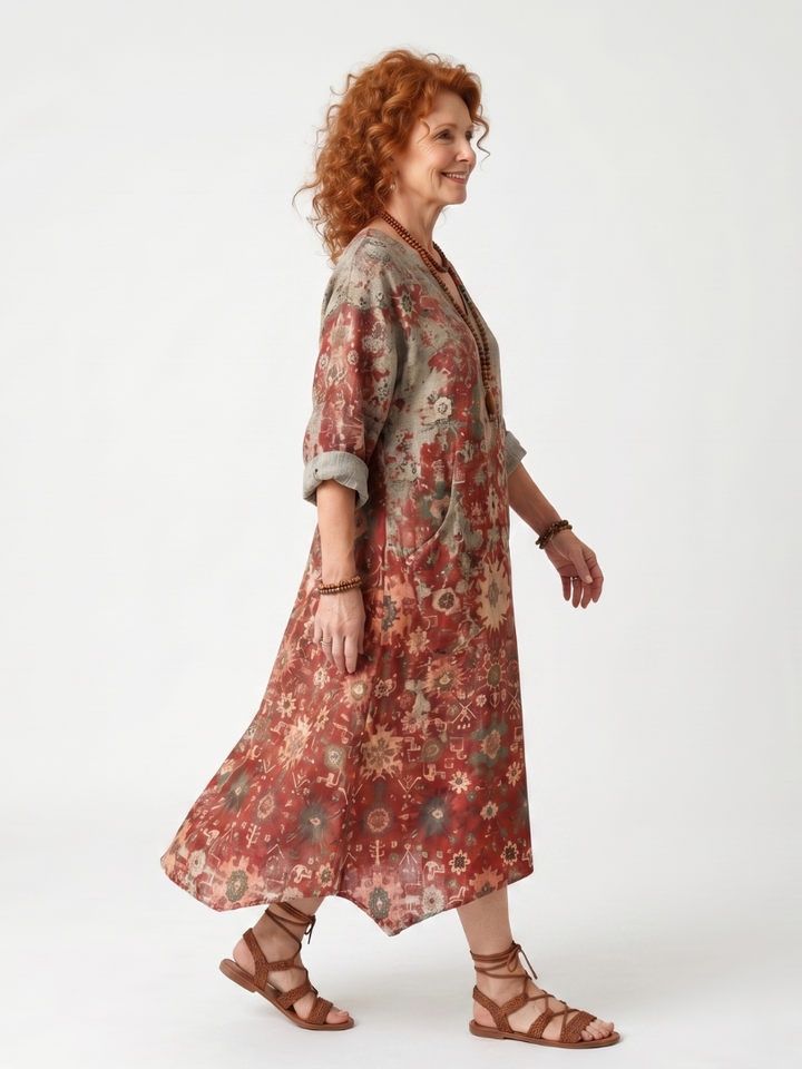 Saffron | Robe midi décontractée à poches et motifs mixtes