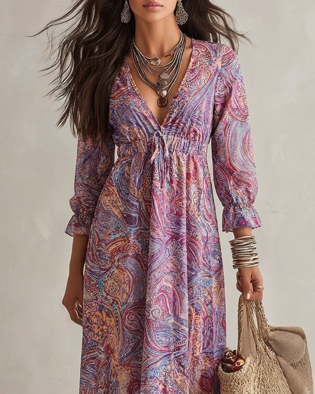 Robe longue en mousseline de soie à imprimé cachemire, décolleté en V et fronces