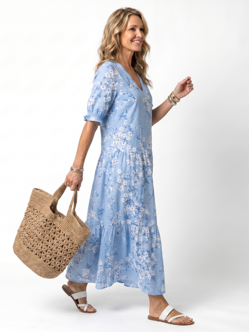 Alora | Robe midi à imprimé floral et liens à pompons