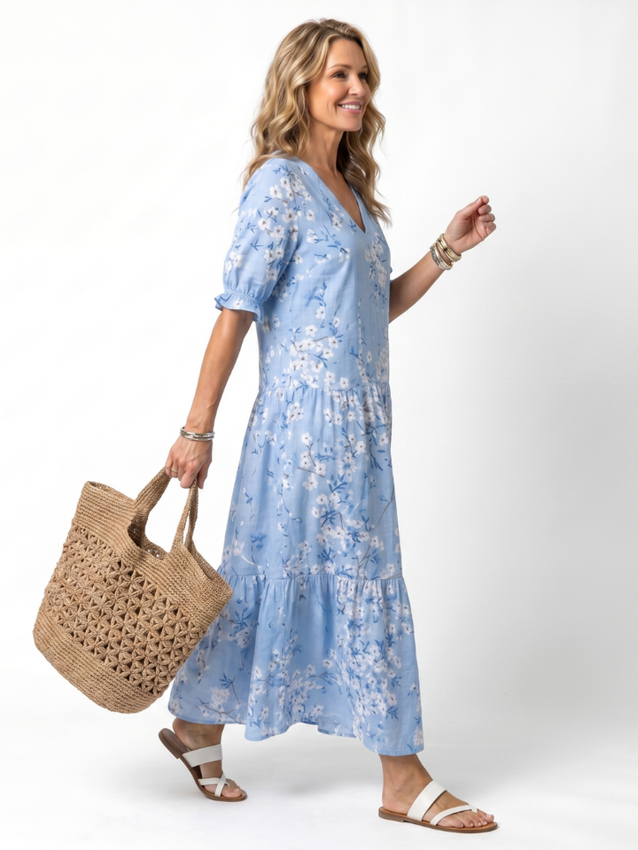 Alora | Robe midi à imprimé floral et liens à pompons