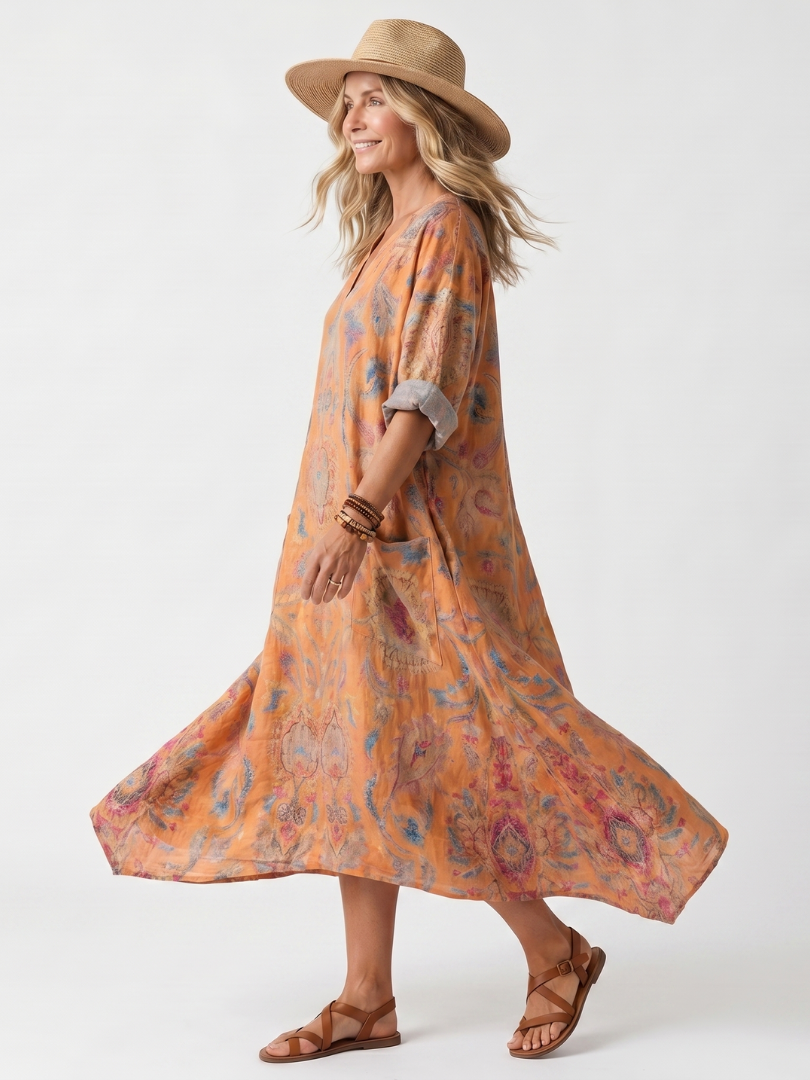 Remi | Robe midi oversize à poches, col échancré et imprimé