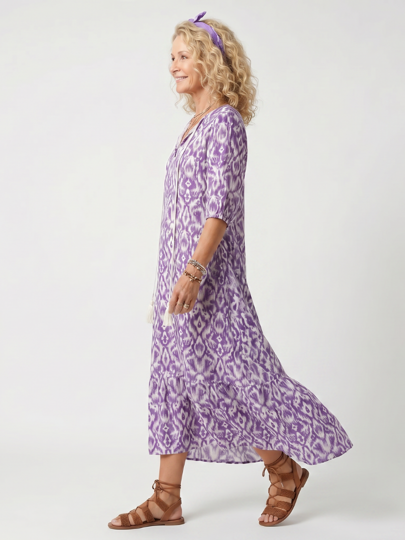 Penelope | Robe midi imprimée à nouer à pompons