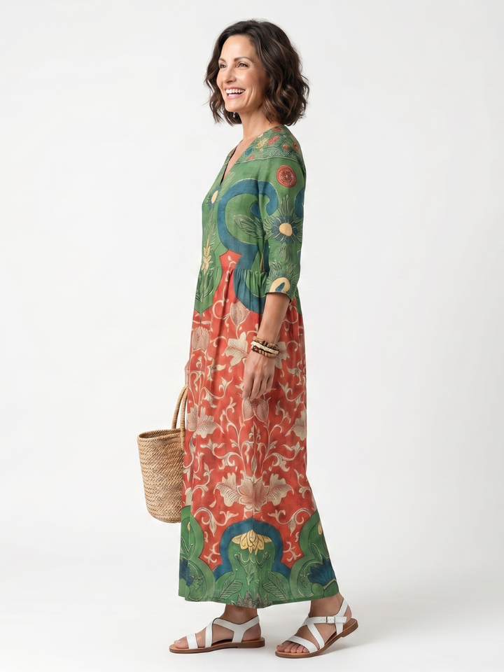 Sloane | Robe midi à col V, imprimé mixte et poches