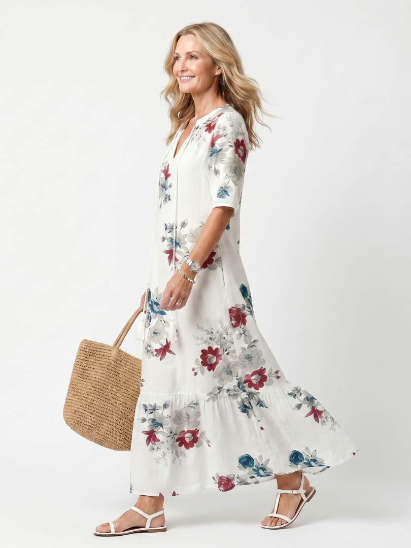Maeva | Robe midi à fleurs éparses et liens à pompons