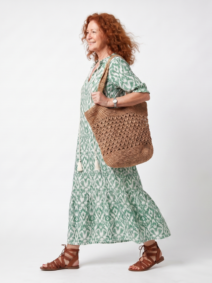 Ilara | Robe midi à col V, motif et pompons