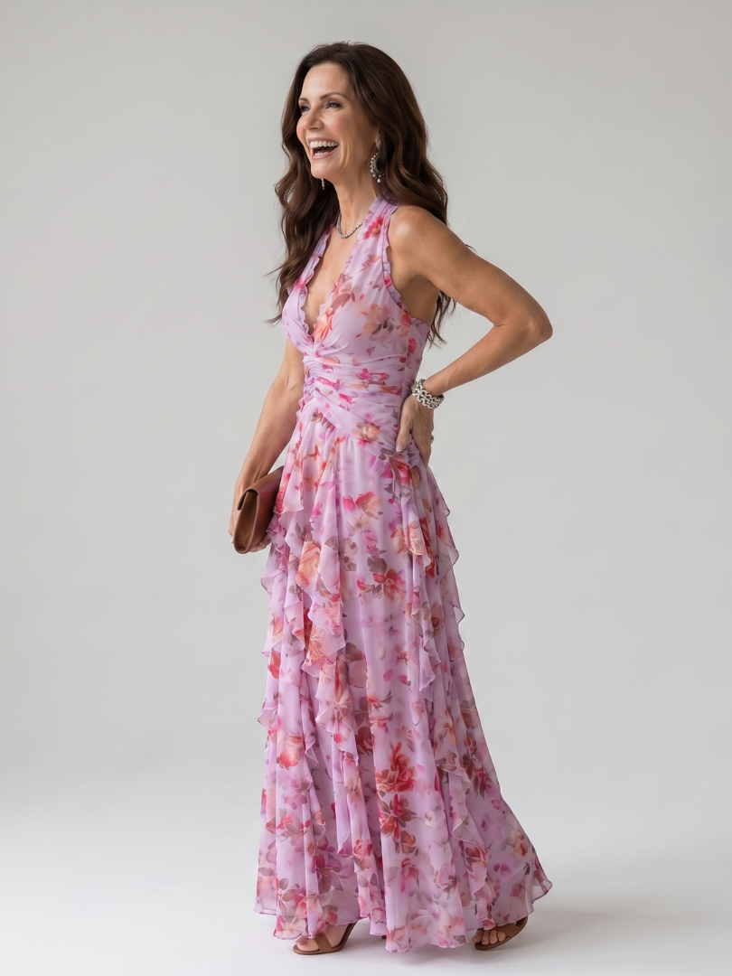 Nori™ Robe longue fleurie à encolure dos-nu et bustier froncé