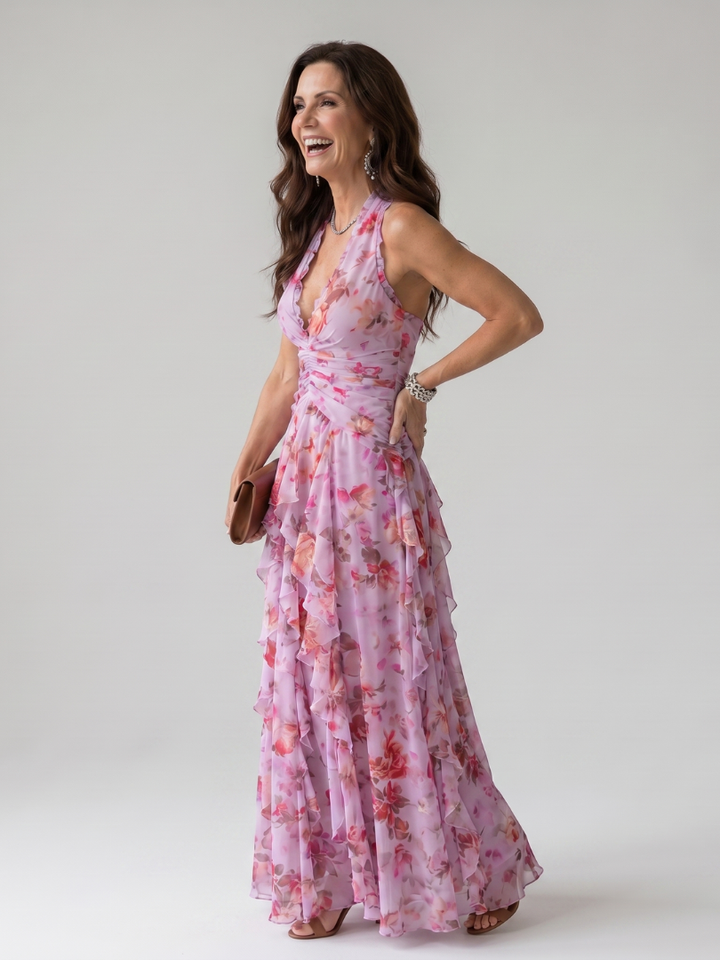 Nori™ Robe longue fleurie à encolure dos-nu et bustier froncé