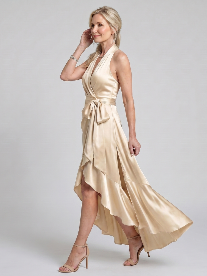 Honora | Robe Midi Portefeuille Dos-Nu Ourlet Asymétrique
